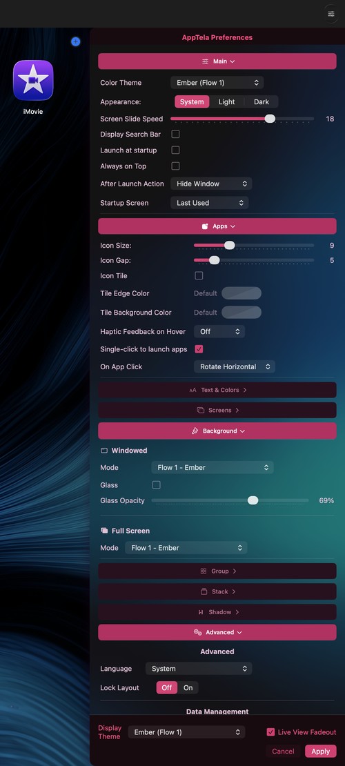 AppTela preferences panel showing customisation options