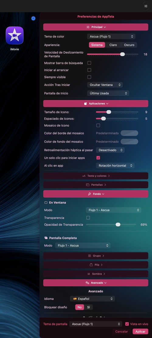 Panel de preferencias de AppTela mostrando opciones de personalización