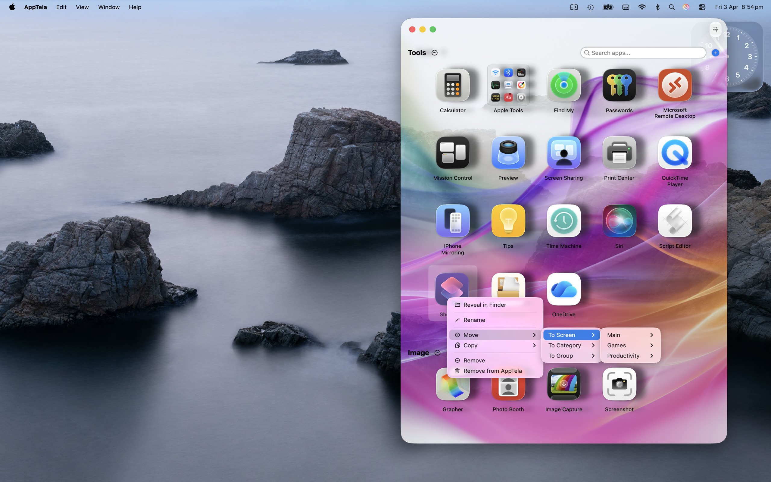 Menu contestuale con clic destro di AppTela che mostra azioni sposta, copia, rinomina
