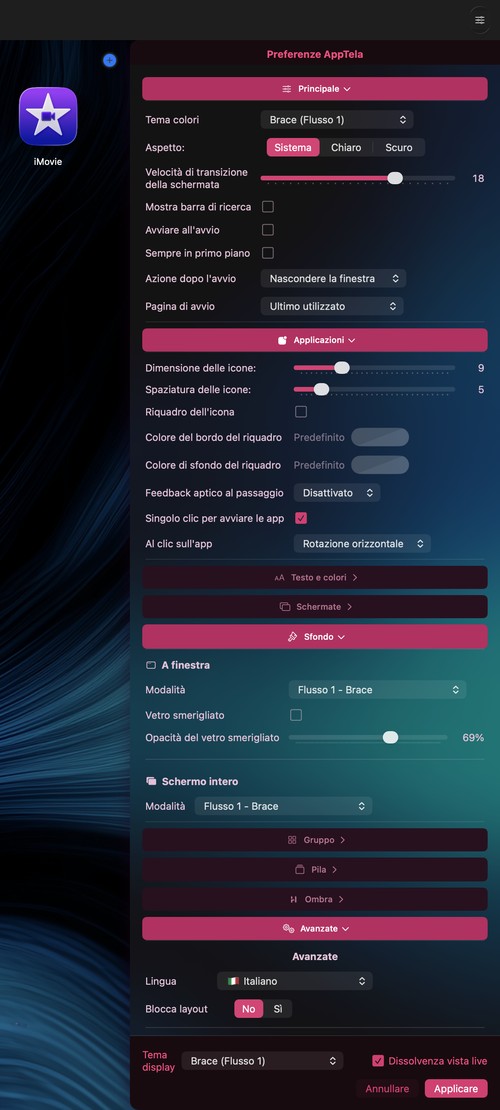 Pannello preferenze di AppTela che mostra le opzioni di personalizzazione