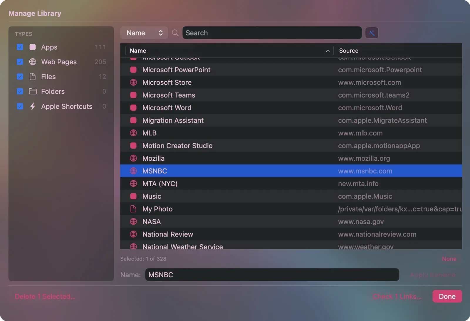 Manage Libraryシートに、Apps、Web Pages、Files、Folders、Apple Shortcutsのフィルターチップ付きで、ライブラリのすべてのエントリを表示。