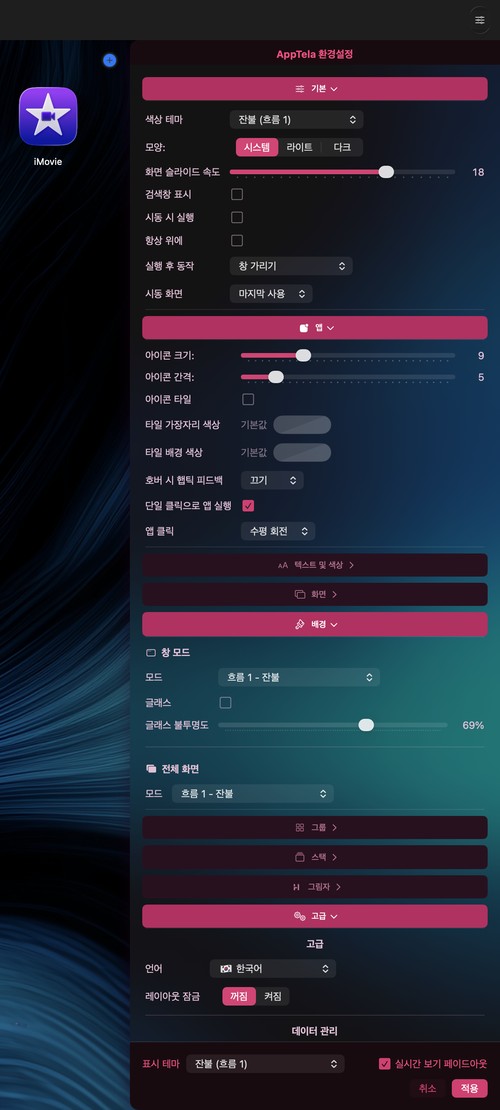 AppTela 환경설정 패널 - 커스터마이징 옵션