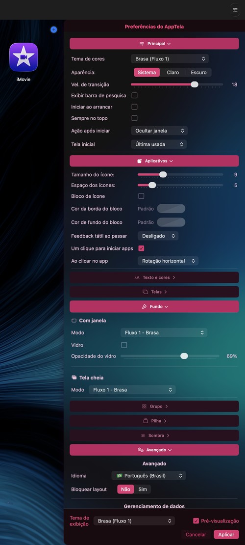 Painel de preferências do AppTela mostrando opções de personalização