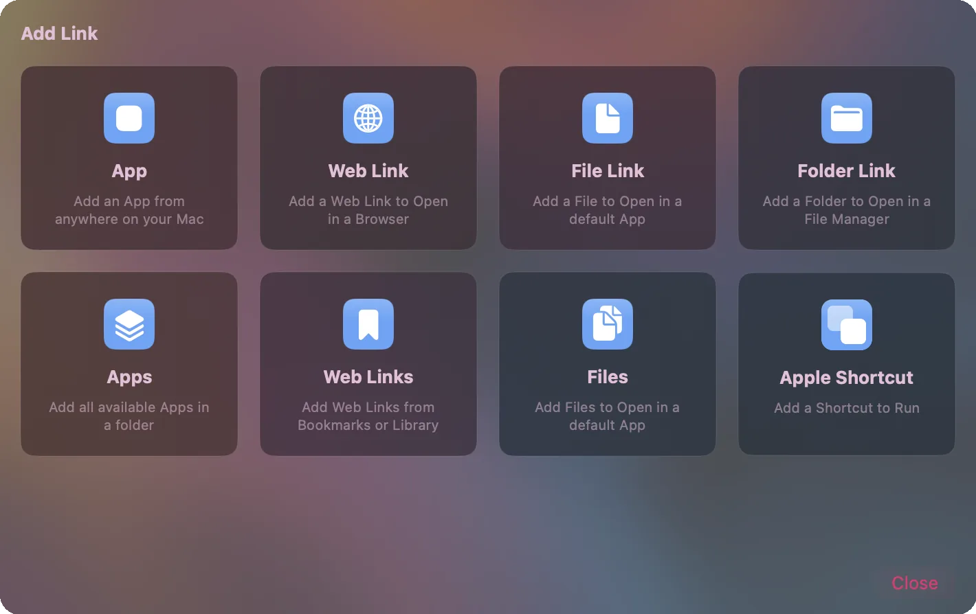 O seletor Adicionar Link mostrando oito cartões: opções individual e em lote para apps, links web, arquivos, pastas e Apple Shortcuts.