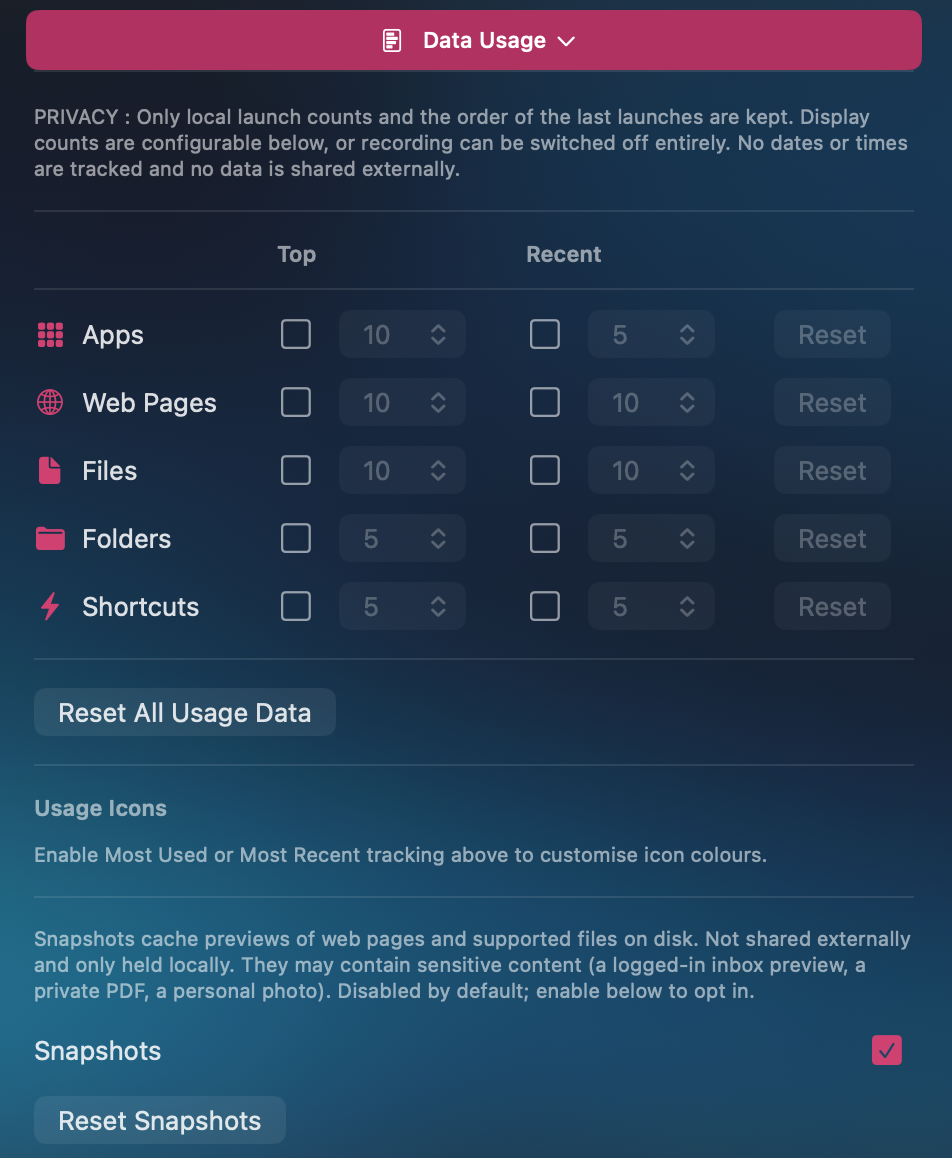 Preferências do AppTela - painel Data Usage a mostrar o banner de privacidade, a tabela de monitorização Apps / Páginas Web / Ficheiros / Pastas / Shortcuts com os interruptores Top e Recentes todos predefinidos como DESLIGADOS, o botão Reset All Usage Data, a secção Usage Icons e o interruptor principal de Snapshots com um botão Reset Snapshots