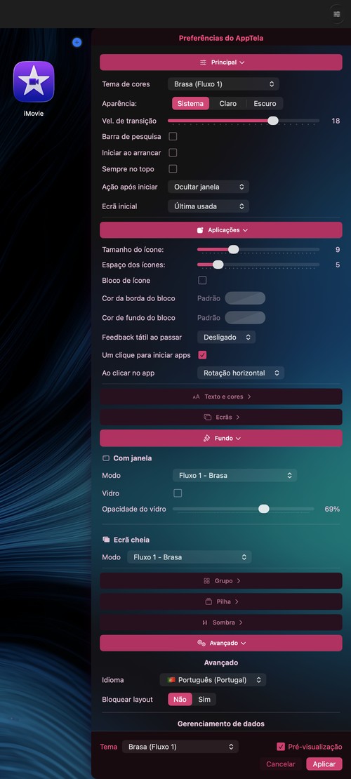 Painel de preferências do AppTela a mostrar opções de personalização